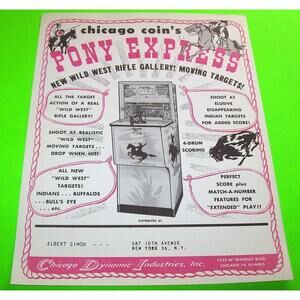 Pony Express Arcade FLYER 1962 Original NOS Rifle Shooting Game Art 8.5" x 11"